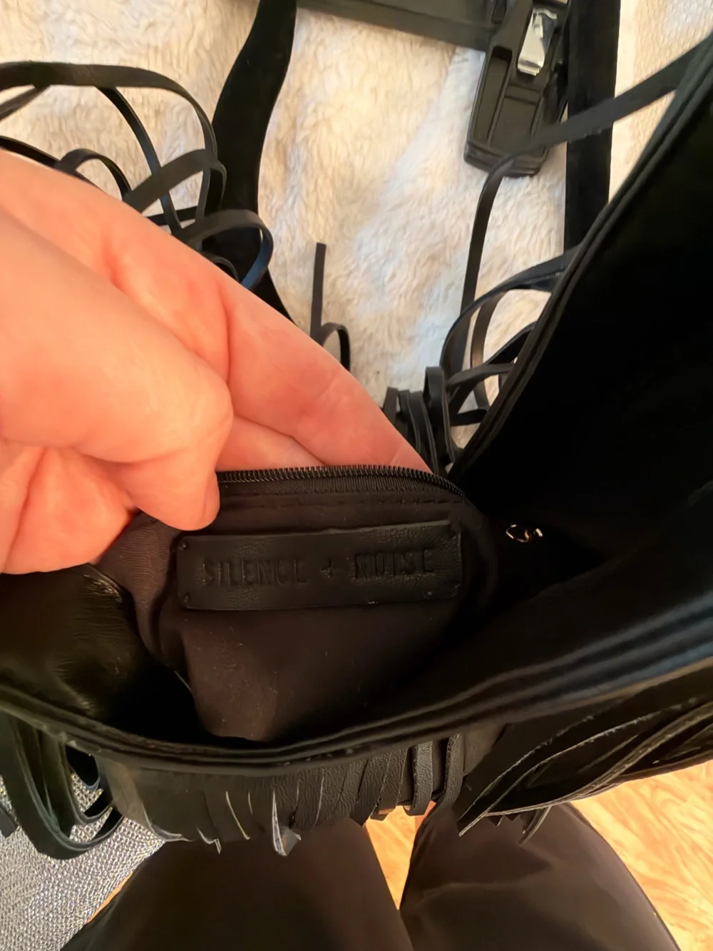 silence + noise Black Layered Fringe Faux Leather Hobo